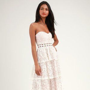 NWT Lulu's Adorn White Lace Strapless Midi Dress
